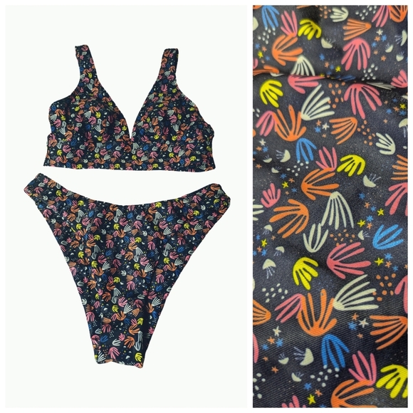 Highrise Highcut Bikini in Jellyfish/"BirdFeet" Abstract Print Size Small - Picture 3 of 11